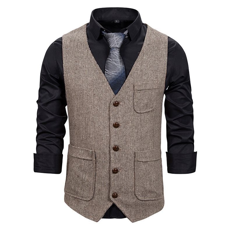 [Collarless Design] Men's Herringbone Double Pocket Single-breasted Vest Men's Suit Vest_voghion.com