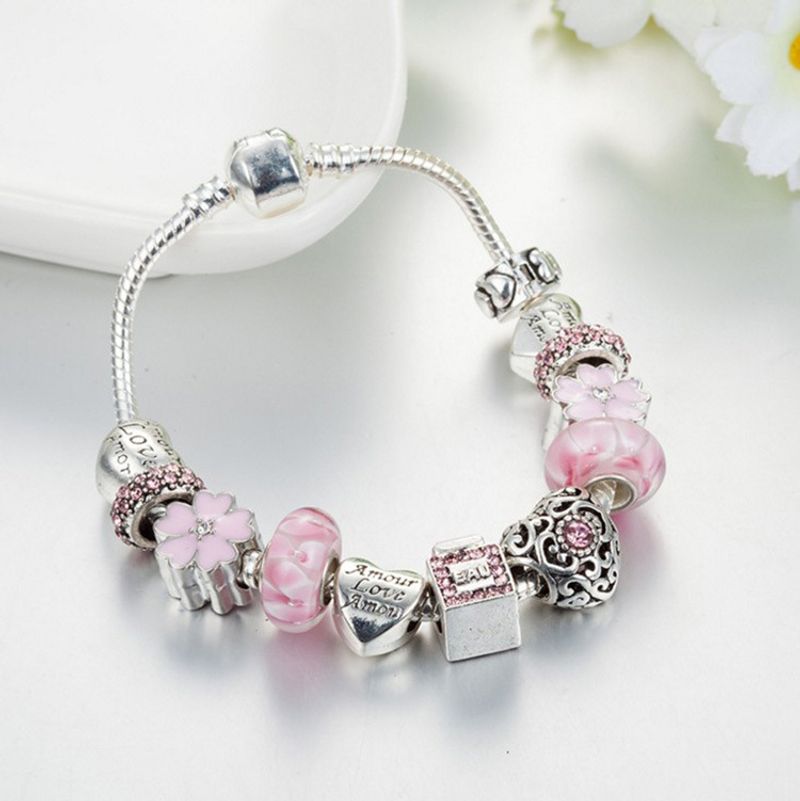 Modisches rosa hochwertiges Glasperlenarmband, Perlenarmband mit Kirschblüten-Diamant-Parfümflasche_voghion.com