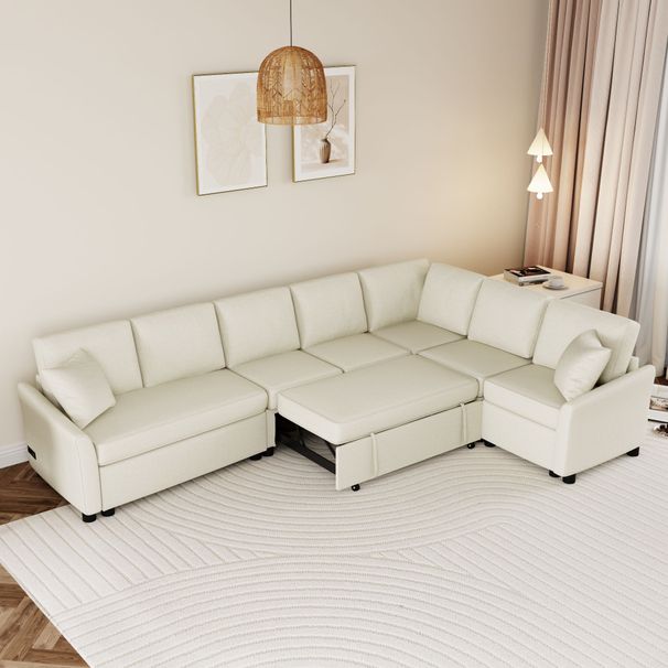 124.8"L-shaped Sofa Convertible Sofa Bed Pull Out Sofa Sleeper With Two Back Pillows, Two USB Ports And Two Power Sockets For Living Room_voghion.com