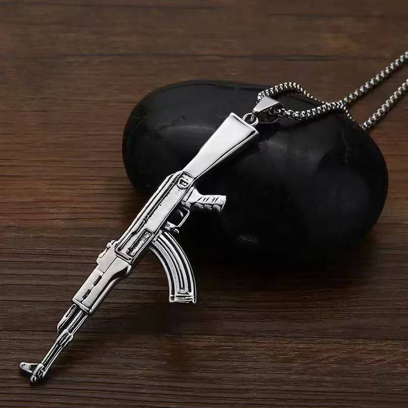 Herren-Halskette mit Anhänger, 76,2 cm, Edelstahl, groß, AK 47, Punk, Retro, Vintage, cooles Vatertagsgeschenk für Papa_voghion.com
