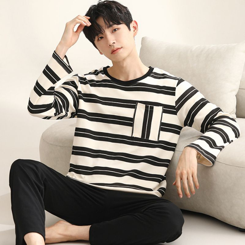 2024 nouvelle version coréenne simple pyjama double face en coton pour hommes printemps et automne manches longues pantalons, pull en direct_voghion.com