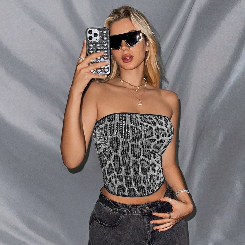 Women's Clothing Sexy Leopard Print Sequin Tube Top For Women, Clubwear Party Tops, Streetwear Fashion, Stretchy & Comfortable, S/M/L/XL/XXL_voghion.com