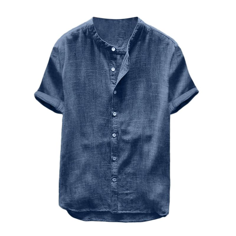 Nuova camicia casual da uomo in cotone e lino a maniche corte, tinta unita, C195_voghion.com