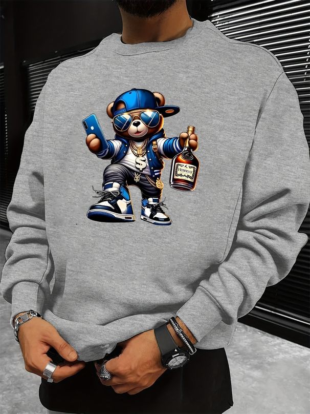 Sweat-shirt à manches longues et col rond imprimé ours de dessin animé, coupe ample et tendance automne-hiver_voghion.com