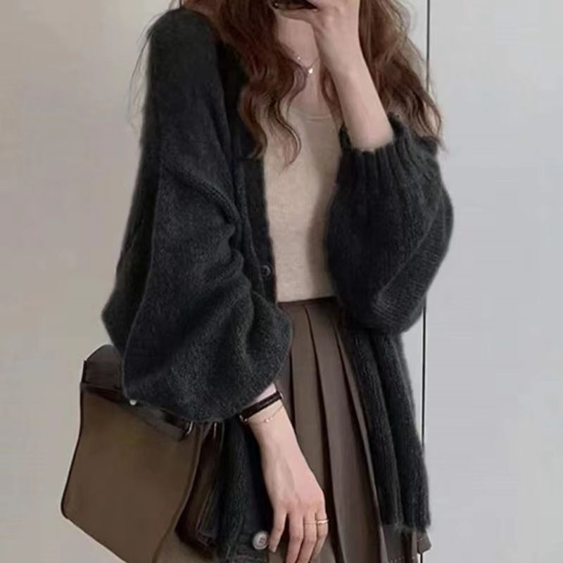 South Korea 2024 autumn loose and lazy thin shawl top, medium long lantern sleeve knitted cardigan jacket for women_voghion.com