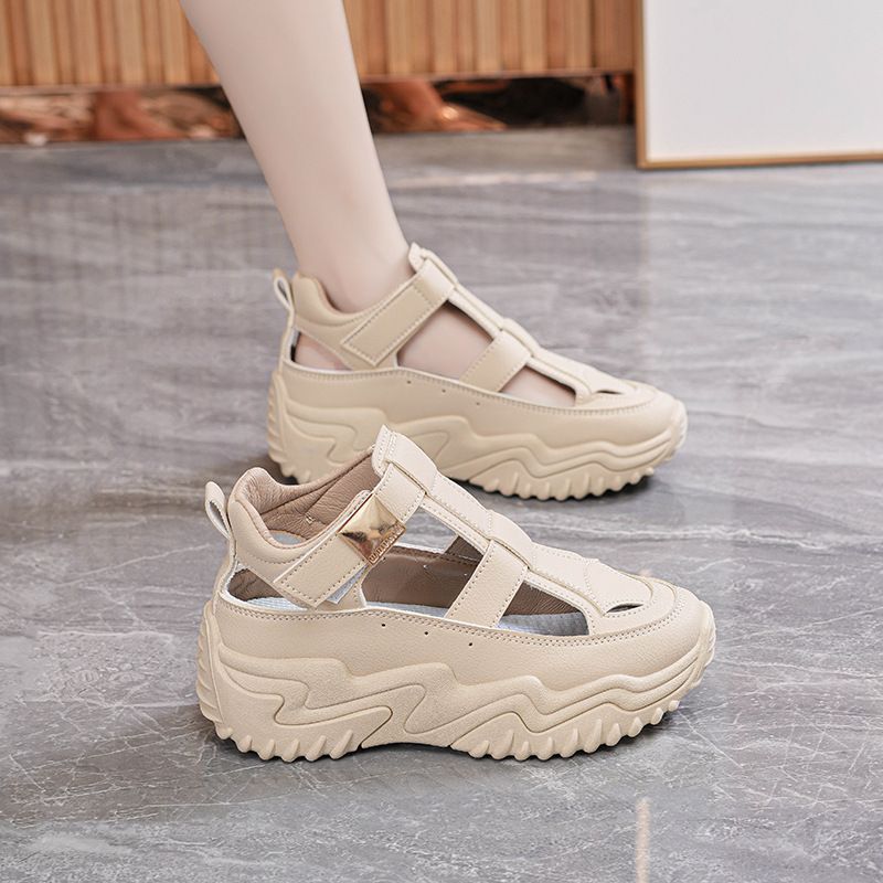 Summer Women's New Breathable Hollow Sandals Korean Style Versatile Thick Sole Height Increasing Sports Casual Dad Shoes_voghion.com