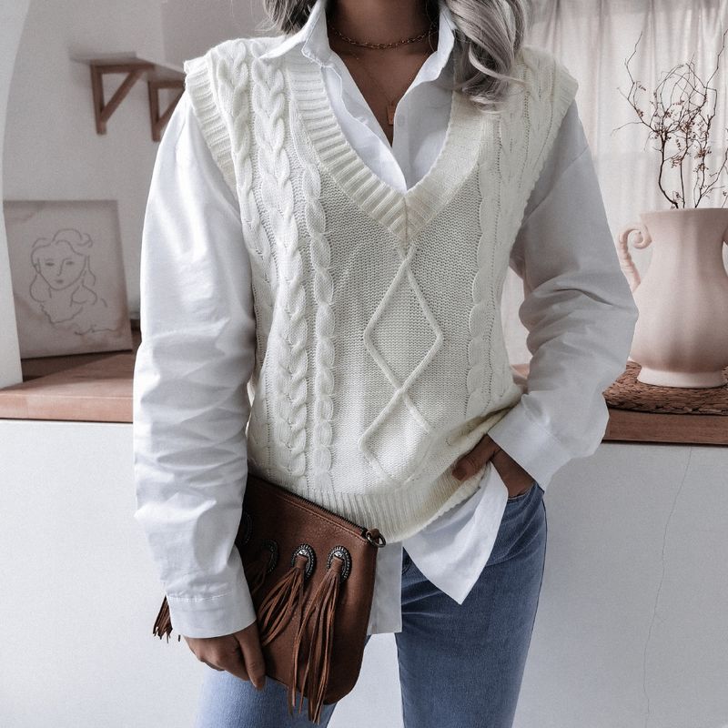 Women's clothing autumn and winter V-neck twist casual loose knitted vest sweater vest women's clothing_voghion.com