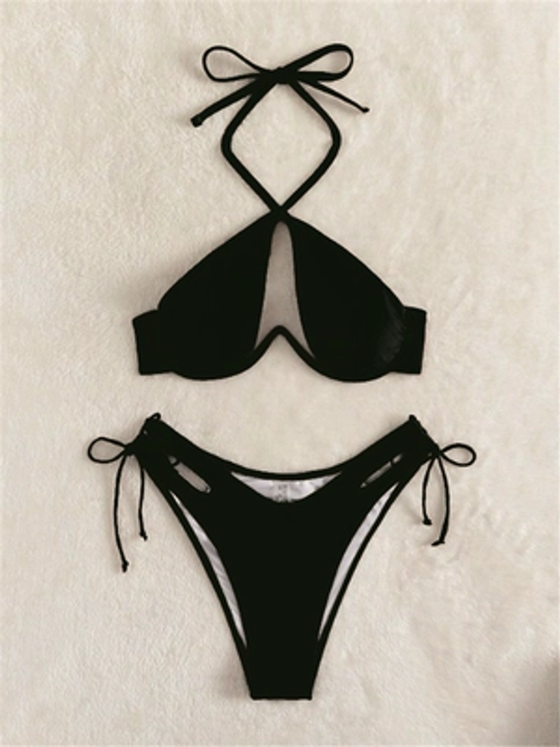 Maillot de bain bikini de vacances pour femme, noir, sexy, col creux, bretelles fendues, pour la plage et les sources chaudes_voghion.com