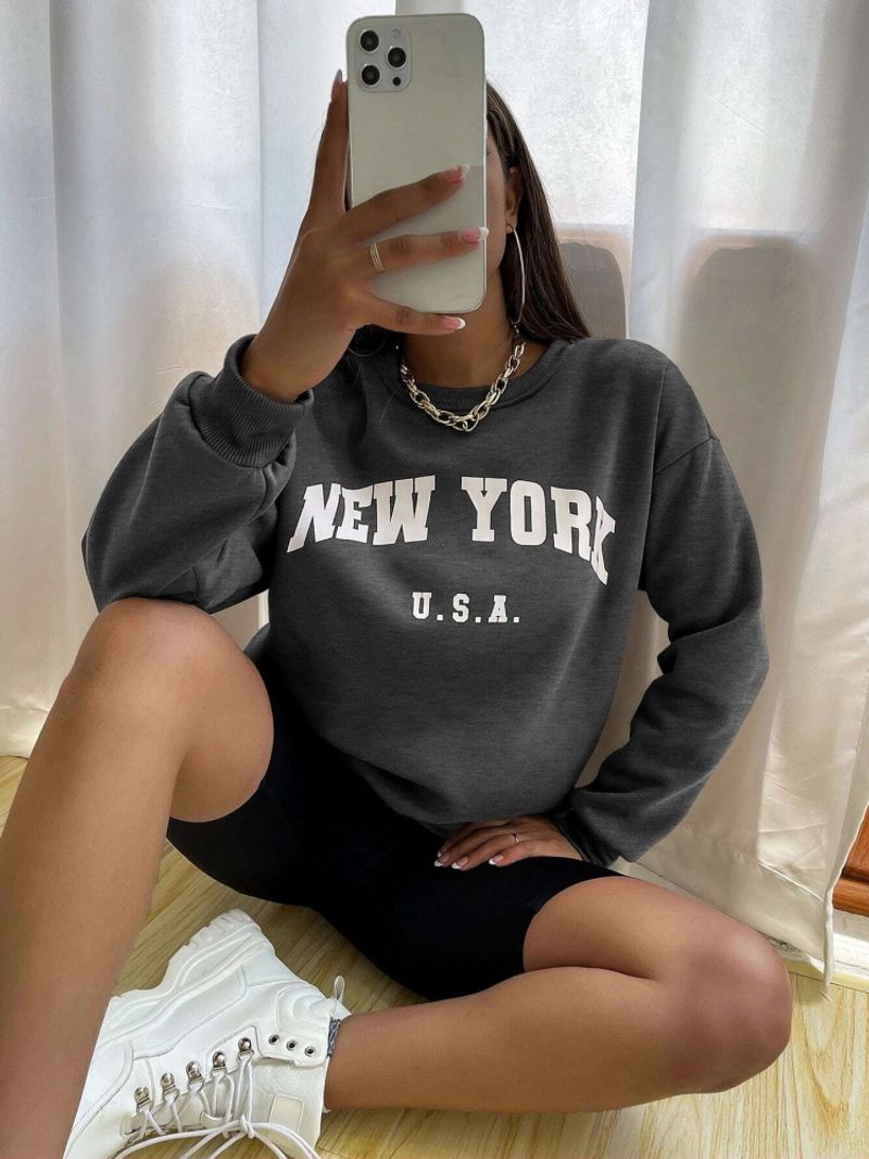 Nova York EUA Letras Estampadas Moletons Femininos Vintage Hip Hop Casual Mangas Compridas Moda de Rua Roupas All-match Mulher_voghion.com