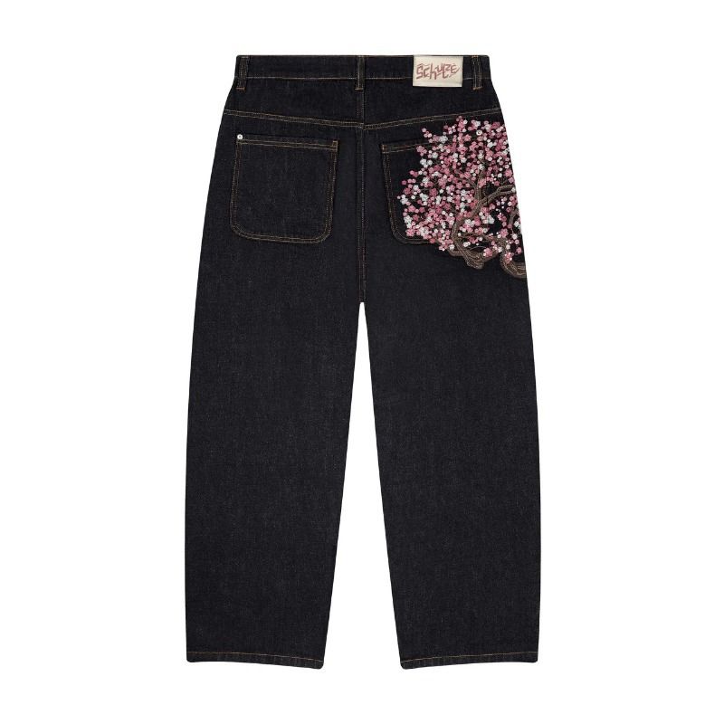 Pantaloni a gamba larga da uomo e da donna in denim con motivo a ricamo di fiori di prugna_voghion.com