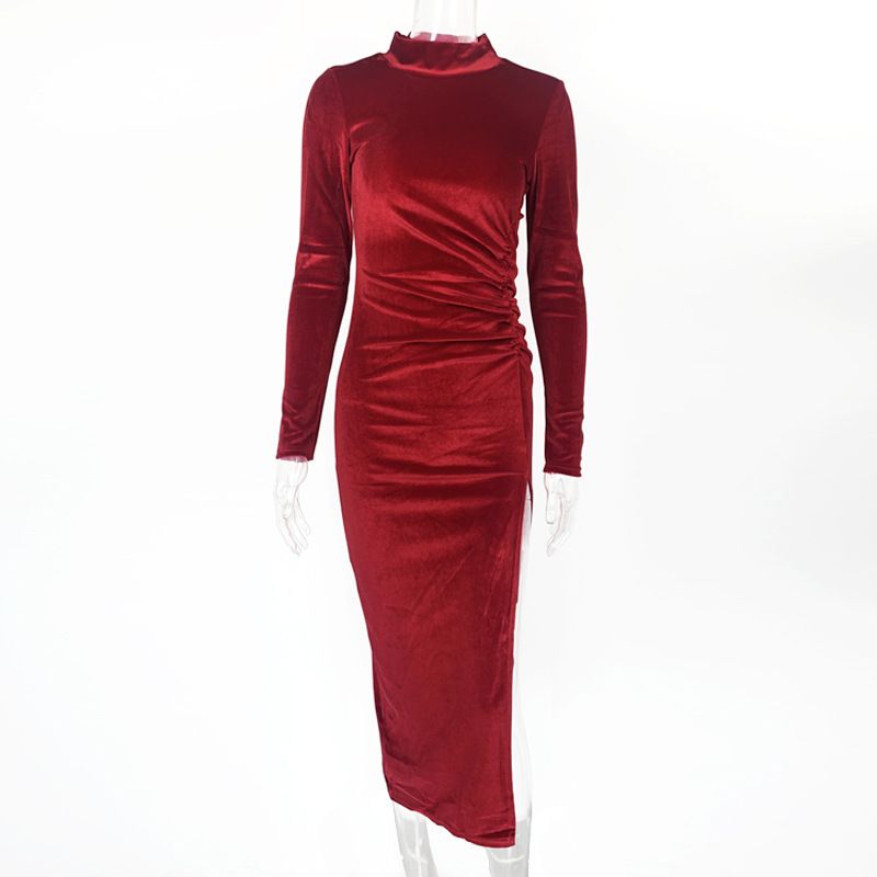 Europäischen und Amerikanischen mode sexy kleid und winter neue elegante frauen hohe kragen langarm plissee schlitz kleid_voghion.com