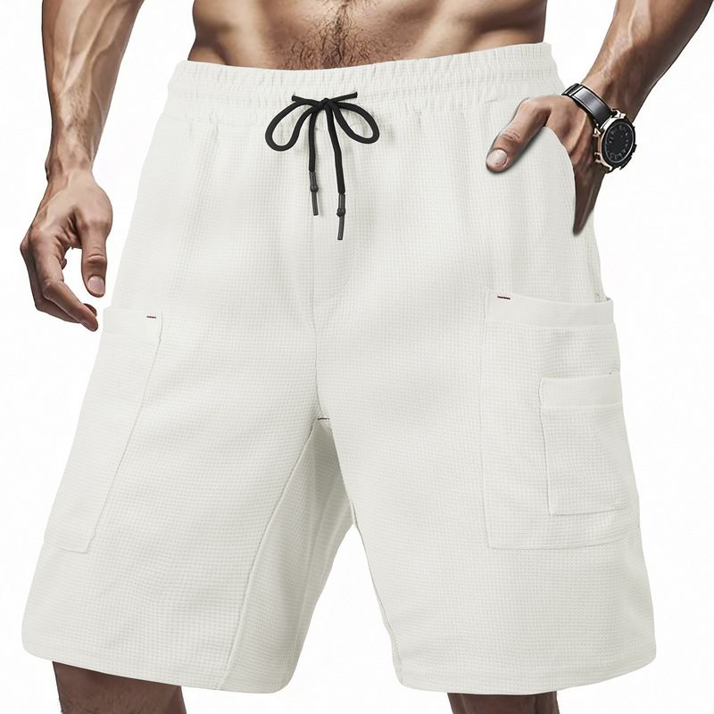 Amerikanska sommarshorts för män med flera fickor, lösa arbetskläder, andningsbara och svettabsorberande våffelmönster_voghion.com