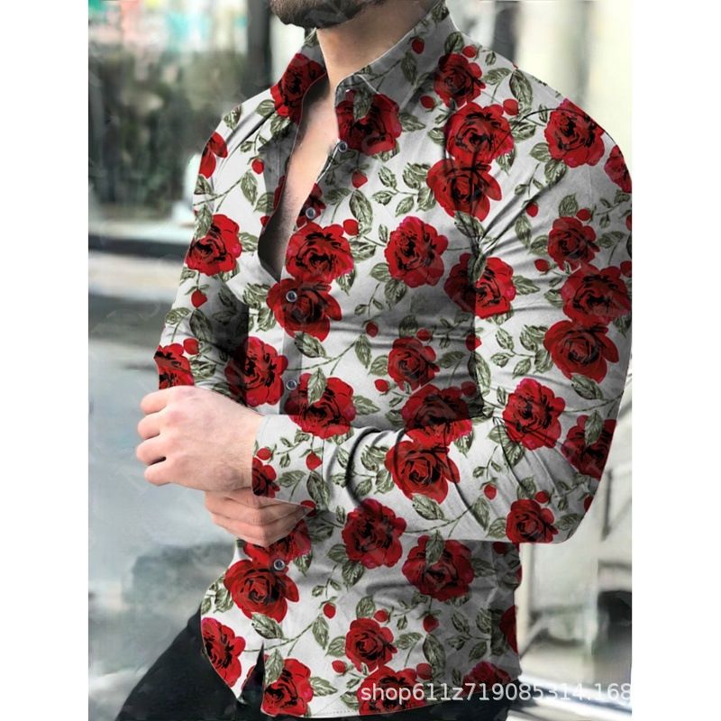 Herren Sommer neue Stil Casual Floral Langarm Revers Shirt Hawaiian Strand Zoll Shirt_voghion.com