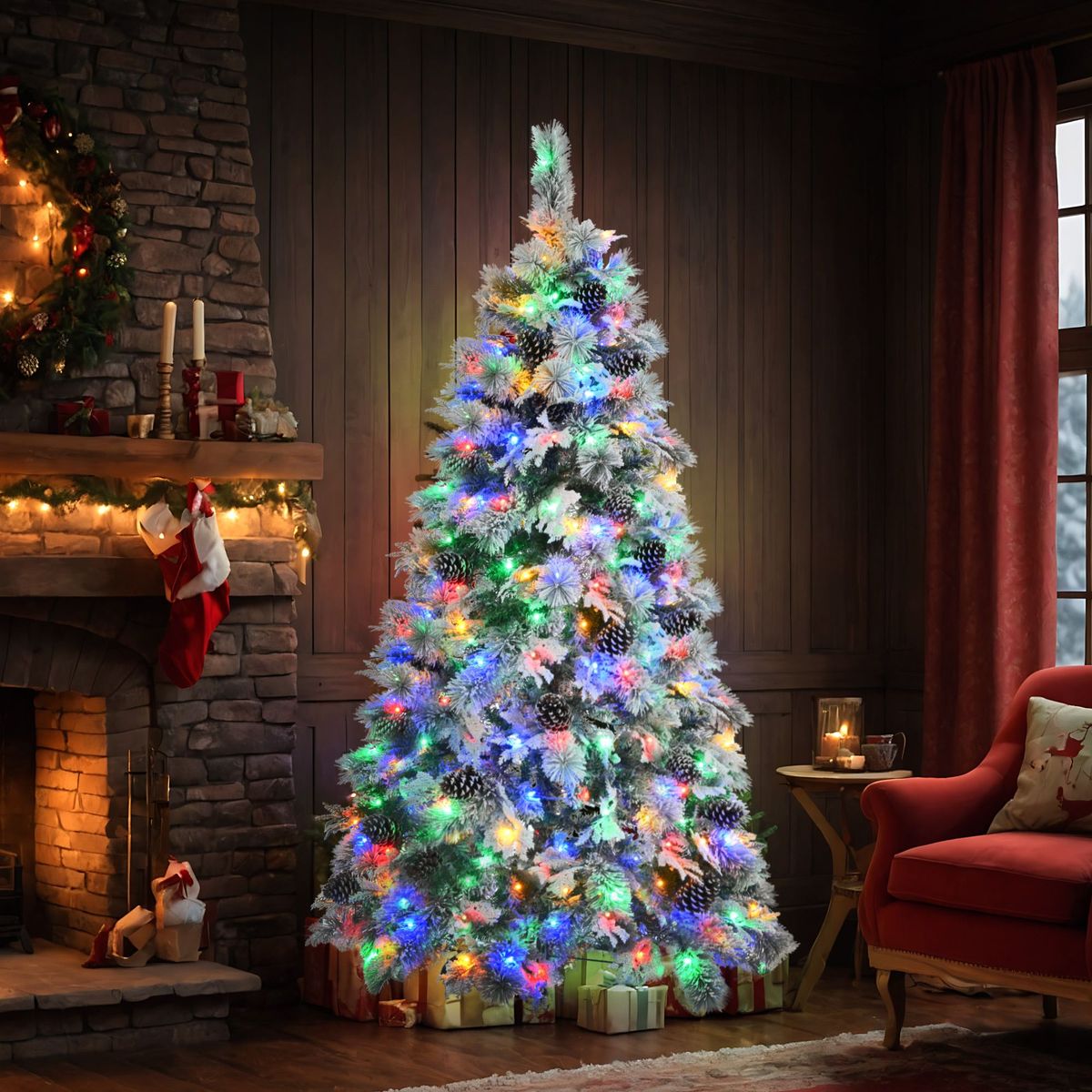 6FT Pre-Lit Spruce Snow Flocked Christmas Tree With Pine Cones, Artificial Xmas Tree With 403 Branch Tips,Mixed PE & PVC Branches, 250 Multi-Color LED Lights, 11 Flashing Modes, Holiday Décor_voghion.com