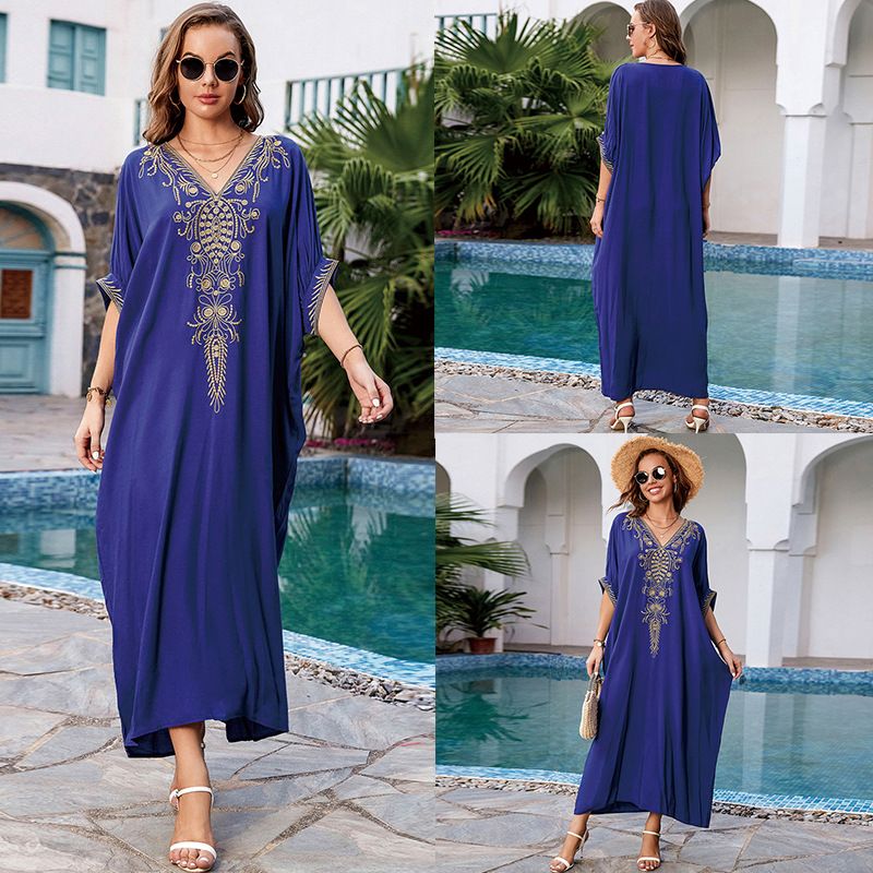 Abito lungo da spiaggia ricamato da donna, ampio e fluido, con protezione solare, vestibilità ampia per le donne, copricostume da bikini, adatto alle taglie forti_voghion.com