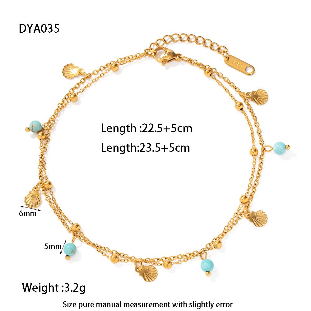 Niche Stainless Steel Plated Natural Turquoise Pendant Mini Shell Tassel Double Layer Anklet For Women_voghion.com