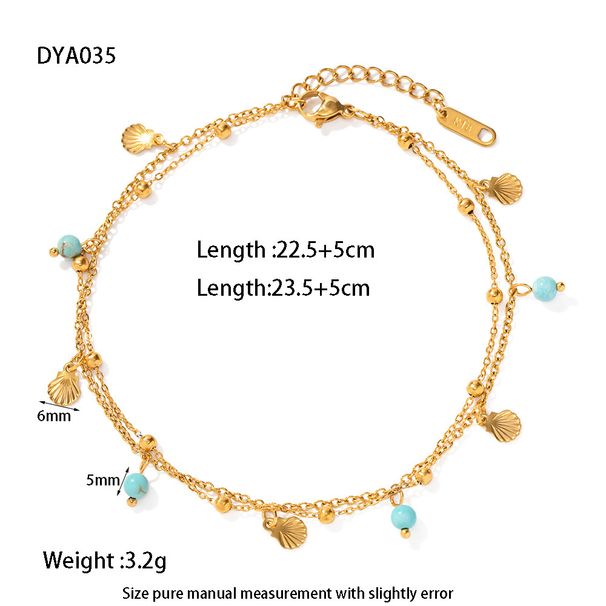 Niche Stainless Steel Plated Natural Turquoise Pendant Mini Shell Tassel Double Layer Anklet For Women_voghion.com