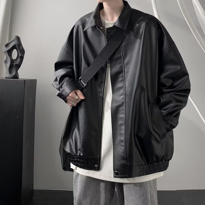 Herrenbekleidung Retro-Lederjacke für Männer High-End und coole Modemarke lässige lockere Reversjacke aus PU-Leder_voghion.com