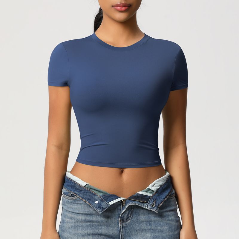 Women's Clothing Nylon Casual Tight Quick Drying Pilates Top Yoga Wear Short Sleeved Running Fitness Sports T Shirt_voghion.com