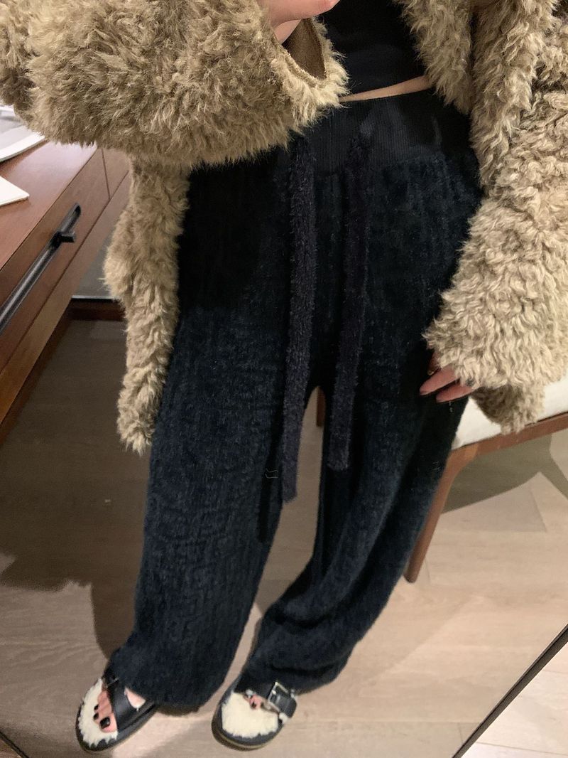Wintermode Freizeithose elastische Taille Nachahmung Nerz Samt drapiert verdickt weites Bein gerade Bodenwischhose_voghion.com