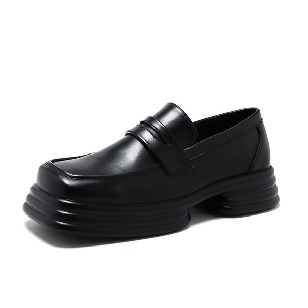 Lefu Skor Herr 2022 Vår och Höst Nya Tjocka Sulor Retro Brittiska Läderskor Fyrkantig Tå Tjock Klack Slip-on 85755-R_voghion.com