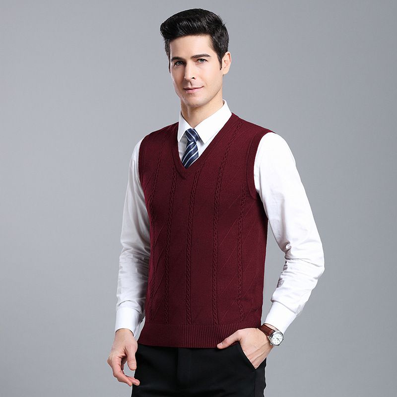Gilet en laine mélangée pour homme, pull sans manches à col en V et torsadé de couleur unie, pièce décontractée à superposer pour l'automne_voghion.com