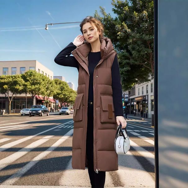 Damenbekleidung große Größe lang über dem Knie Warme Jacke Baumwollweste dicke Weste 2024 Kapuzenjacke Herbst und Winter ärmellose Jacke dicke Weste_voghion.com