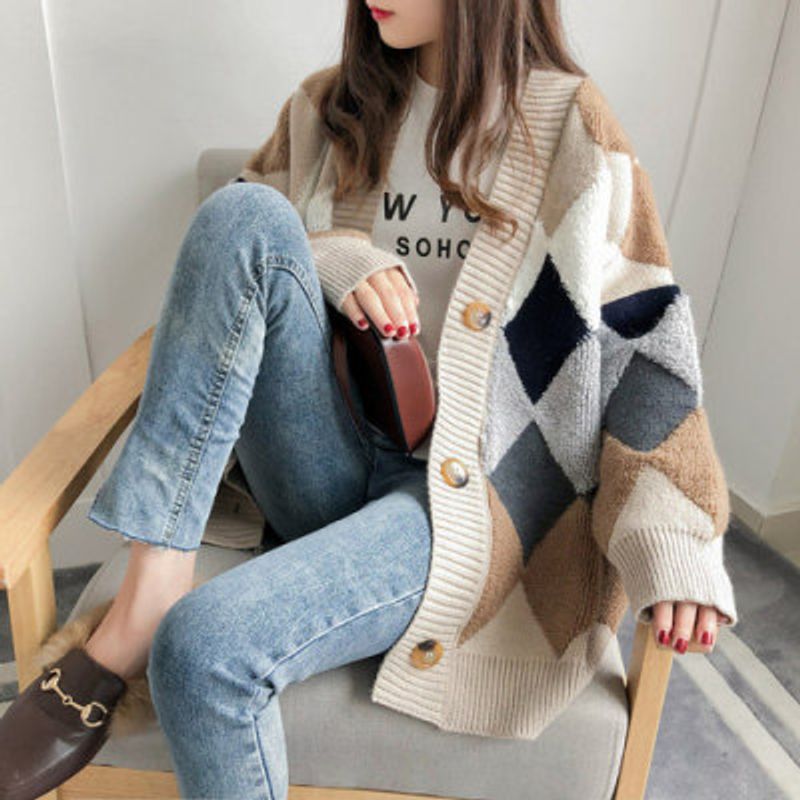 Giacca in maglia a blocchi di colore Lingge per donna, cardigan spesso e largo autunno e inverno 2024_voghion.com