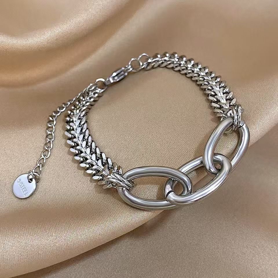 New Hip-Hop Exaggerated Stainless Steel Double Row Cuban Chain Bracelet Ins Style French Elegant Versatile For Women_voghion.com