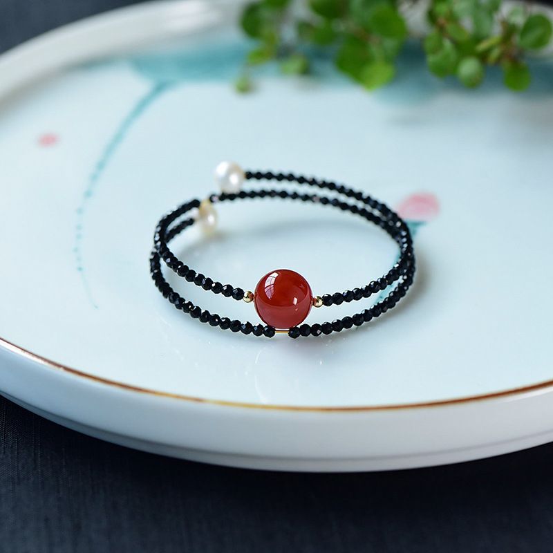 Bracciale in cristallo austriaco con spinello nero, semplice e fresco, doppio cerchio, perla rossa del sud, versatile, per la migliore amica delle donne_voghion.com