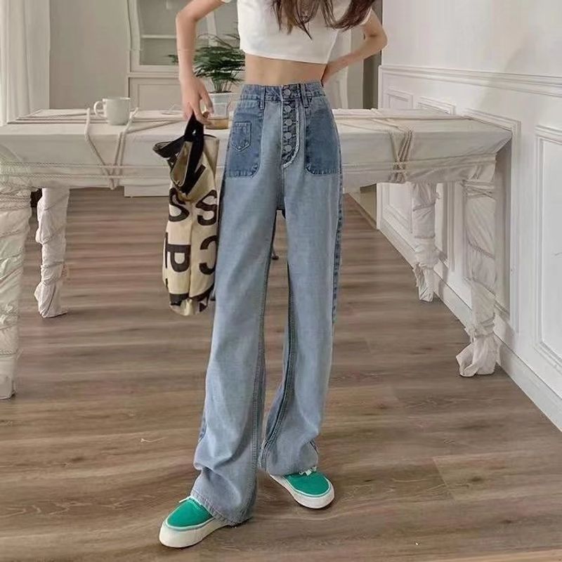 Spicy girl patchwork design jeans, women's autumn straight loose fit, small height, high waist, wide leg pants, large_voghion.com