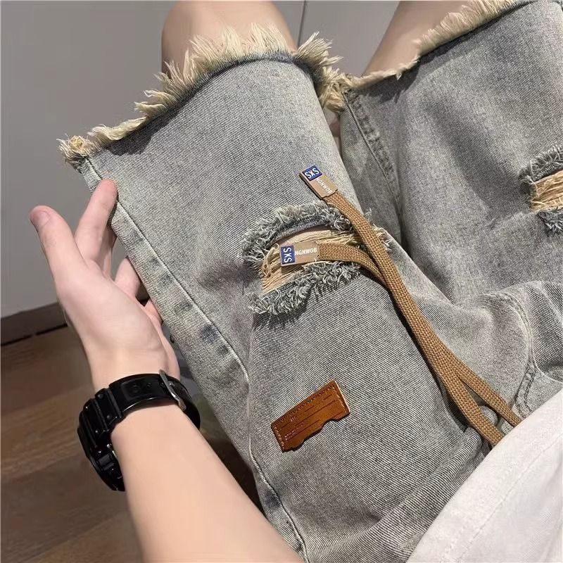 Wash Washed Ripped Denim For Men's Summer New Trend, American Style Cool Stylish, With A Rough Edge And Explosive Street_voghion.com