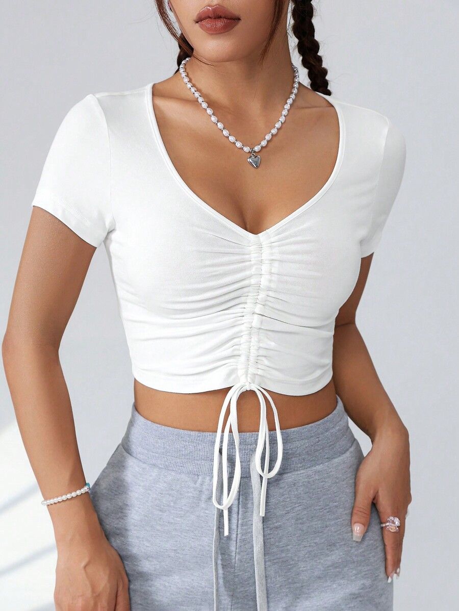 Women's Clothing V neck Simple Solid Color Drawstring Strap Short Navel Top T shirt_voghion.com