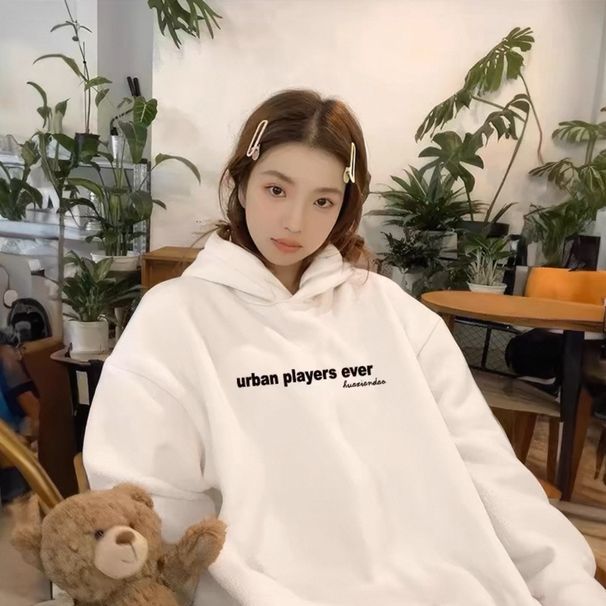 Navy Blue Hooded Sweatshirt For Women Early Spring 2025 New Thin Jacket Autumn Winter Fleece Lined Thickened Lazy Top_voghion.com