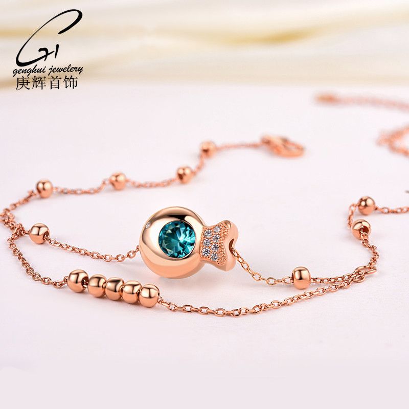 Cavigliera in argento sterling con doppio strato di perline, stile coreano, a forma di cuore oceanico, piccolo piede di pesce, placcata in oro rosa_voghion.com