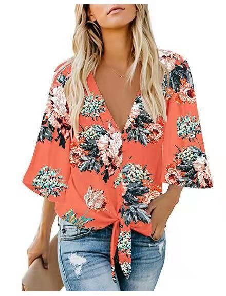 Camicia annodata con scollo a V in chiffon largo, con protezione solare, per abbigliamento estivo da donna_voghion.com