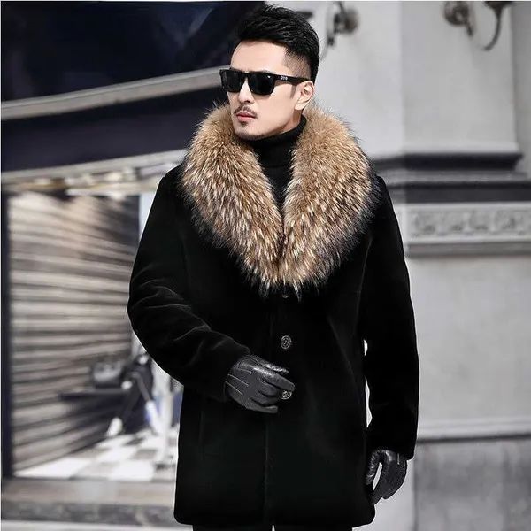 Männer Pelz Faux Männlichen Schwarzen Kragen Mantel Button Up Langarm Oberbekleidung Winter Oversize Warme Mantel Männer Gefälschte Windjacke_voghion.com