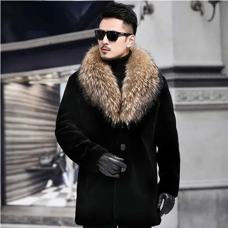 Men's Fur Faux Male Black Collar Coat Button Up Long Sleeve Outerwear Winter Oversize Warm Overcoat Men Fake Windbreaker_voghion.com