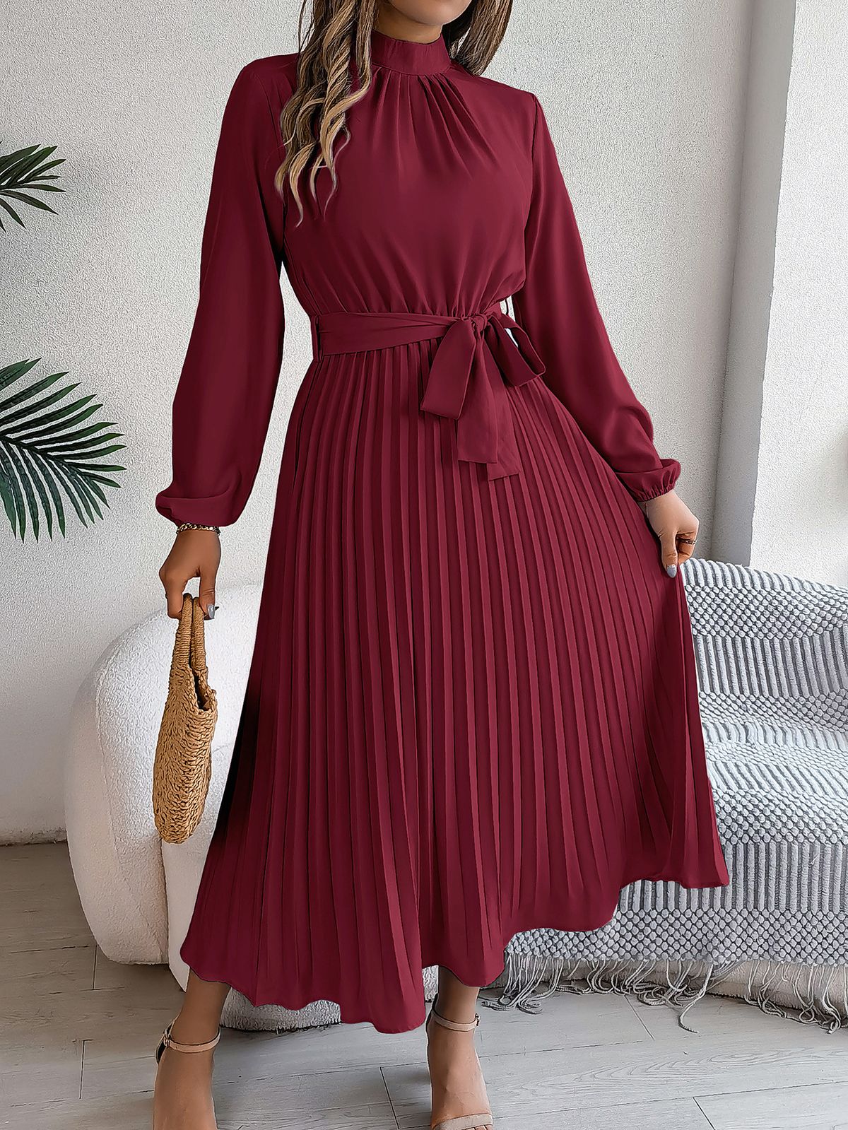 2025 Autumn Winter Elegant Stand Collar Sleeve Waist Pleated Long Dress Small Gown Women's Clothing_voghion.com