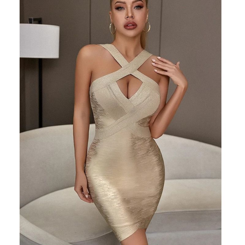 Luxuriöses, bräunendes, mehrfarbiges, sexy Neckholder-Kleid mit Rucksack-Hüftverbandkleid_voghion.com