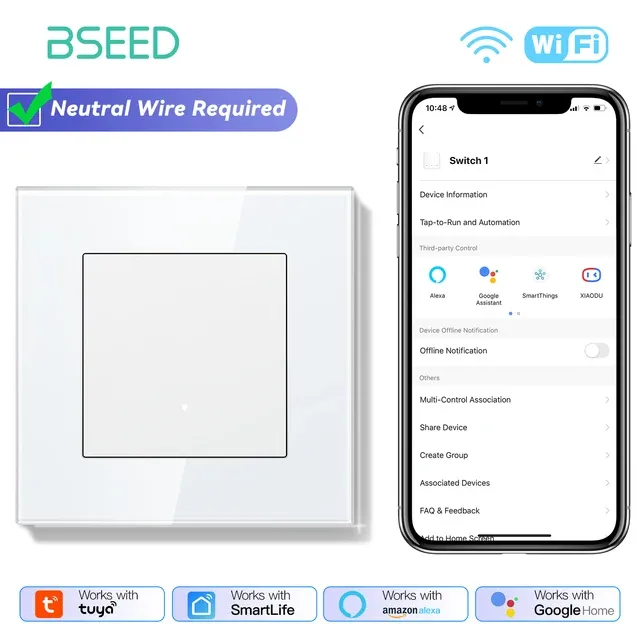 BSEED Wifi 1/2/3-gangers veggbrytere med klikkknapper, Tuya Smart Life-app med EU-strømuttak, USB-glassrammer_voghion.com