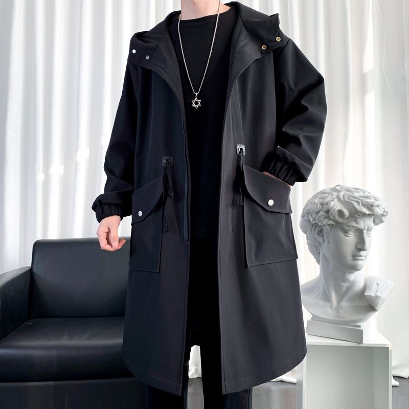 Langer Windbreaker-Mantel mit Kapuze und Fleecefutter für Herren, locker sitzende Jacke für den Winter, lässige Oberbekleidung für Teenager und junge Erwachsene_voghion.com
