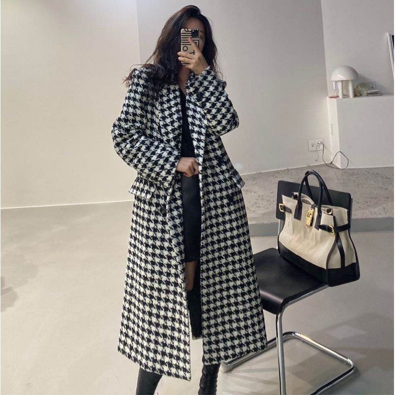 Women's autumn and winter houndstooth long over-the-knee woolen coat for ladies_voghion.com