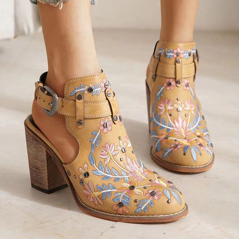 Women's Shoes foreign trade embroidery retro rivet high heels thick heel back empty round toe sandals for women_voghion.com