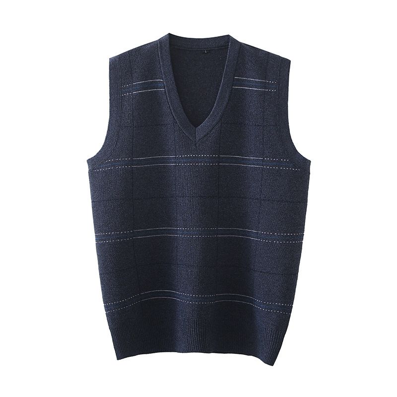 Men's Clothing A generation of spring and autumn men's plaid vest loose V-neck sleeve back middle-aged sleeveless vest V-neck jacquard sweater_voghion.com