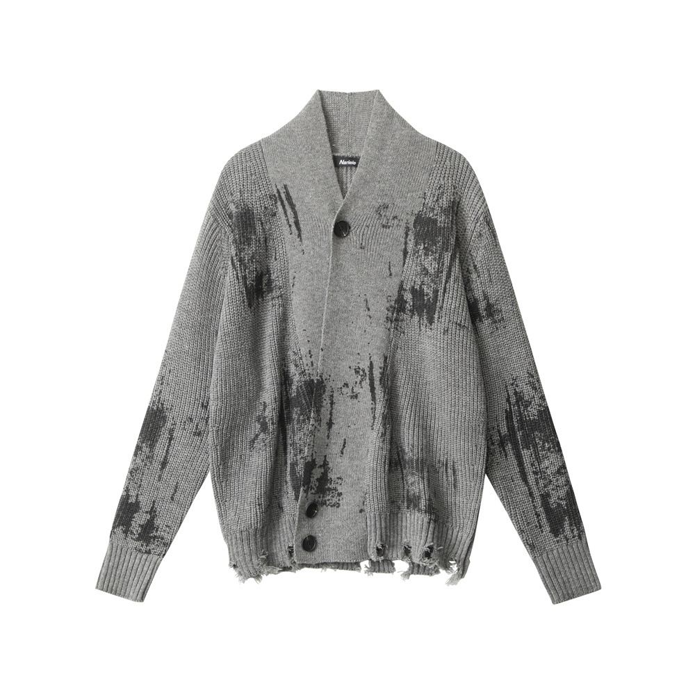 Gothic Tie-Dye Knit Cardigan – Unisex Distressed Open-Front Coat, Stand Collar & Drop-Shoulder Design, Grunge Streetwear Staple (Ashy Grey/Khaki)_voghion.com