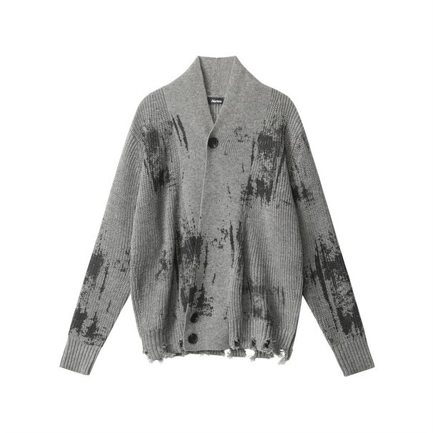 Gothic Tie-Dye Knit Cardigan – Unisex Distressed Open-Front Coat, Stand Collar & Drop-Shoulder Design, Grunge Streetwear Staple (Ashy Grey/Khaki)_voghion.com