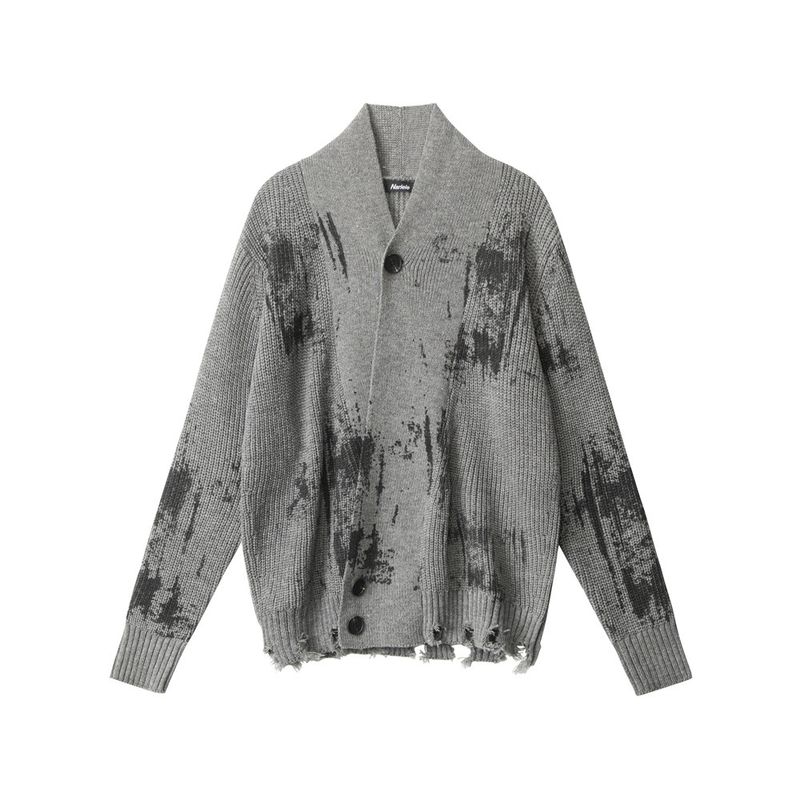 Gothic Tie-Dye Knit Cardigan – Unisex Distressed Open-Front Coat, Stand Collar & Drop-Shoulder Design, Grunge Streetwear Staple (Ashy Grey/Khaki)​_voghion.com