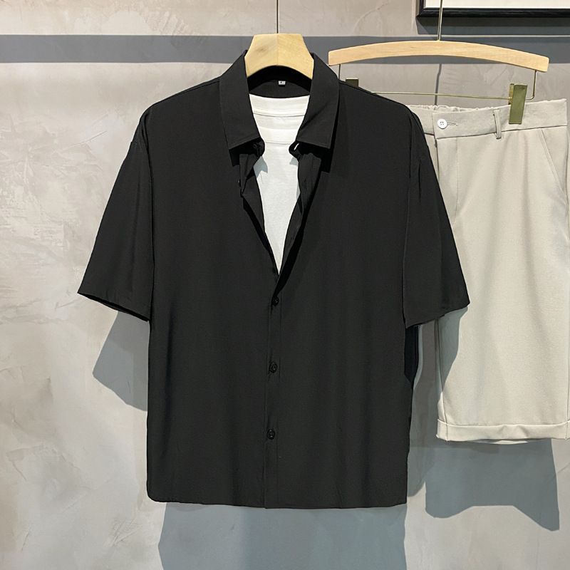 Abbigliamento maschile Ascetico Ghiaccio Seta INS Temperamento Retro Drappo Stiratura libera Verde Bianco Camicia Uomo E Donna Manica Corta Bello Versione Coreana Largo_voghion.com