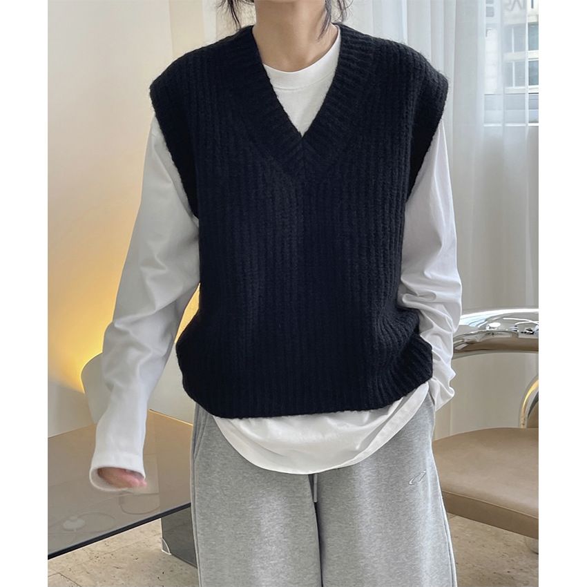 Vêtements pour hommes, automne et hiver, nouvelle version coréenne, gilet en laine à col en V, haut ample et slim pour femmes_voghion.com